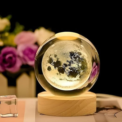 One94Store 3D Crystal Moon Lamp, Creative Engraved Crystal Ball Night Light, USB LED Wooden Crystal Lamp for Home Office Decoration Birthday Gift Adults (Warm White)